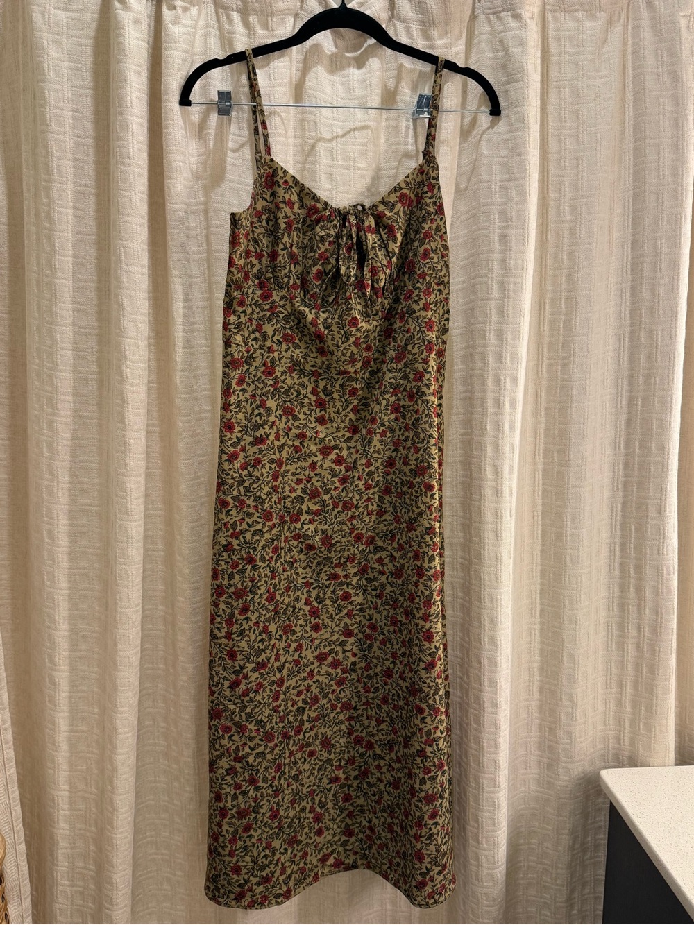 Floral Slip Dress in Olive with Red Accents
